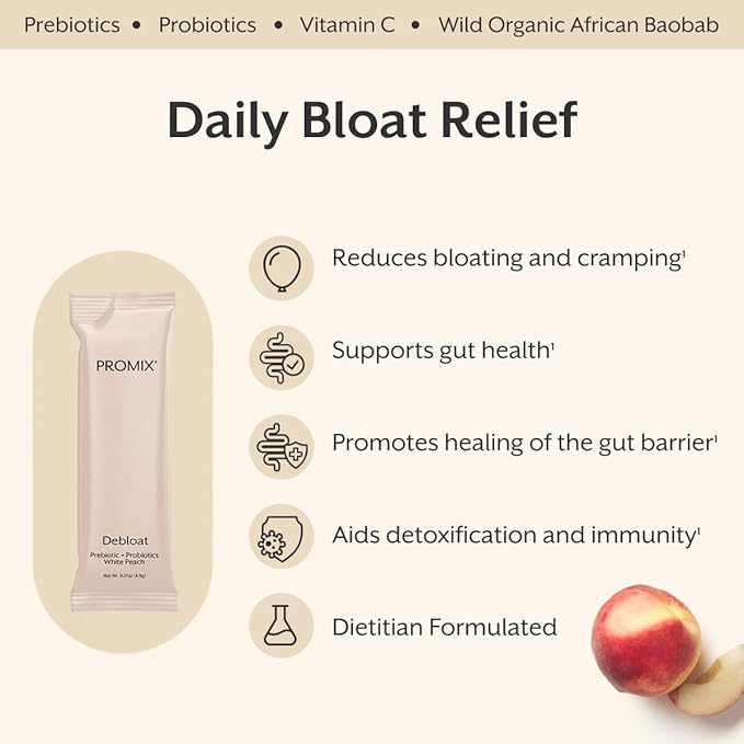 ProMix Nutrition Debloat Prebiotics and Probiotics, Bloating Relief for Women, Gut Cleanse Detox for Men and Immune Support - White Peach - 30 Servings (Pack of 30)