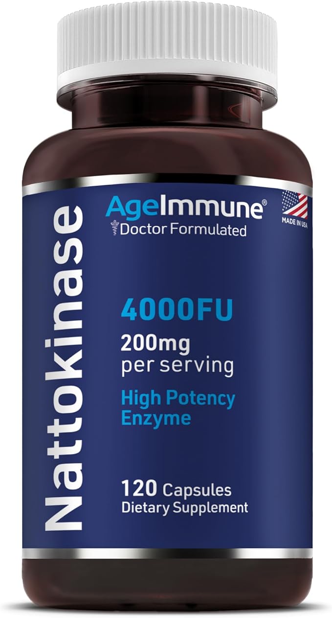 AgeImmune Nattokinase Supplement 4000 FU 200mg - Enzyme - Cardiovascular Support 120 Capsules -Derived from Japanese Natto - Made in The USA Without Magnesium Stearate.