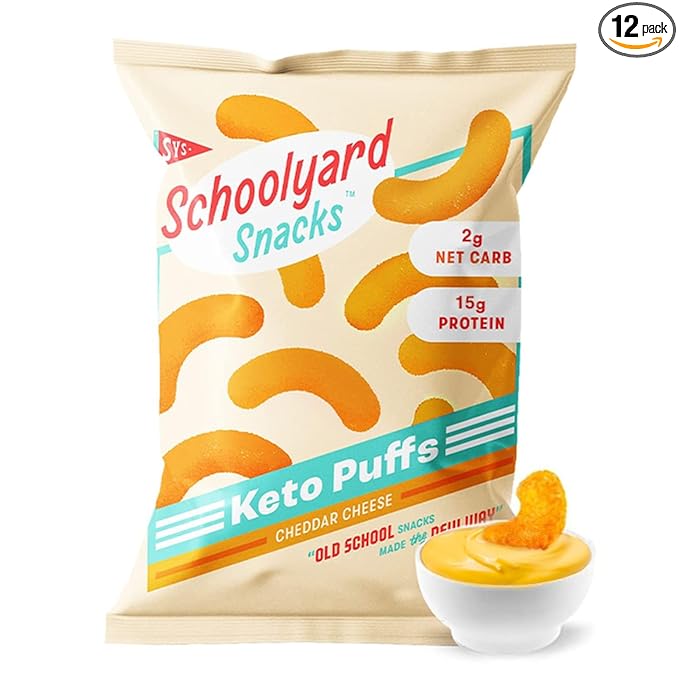 Schoolyard Keto Snacks - Cheddar Cheese - 15g Protein Puffs, Low Carb, Low Sugar - Gluten Free, Healthy & Diabetic Friendly, High Protein, Low Calorie snacks for Kids & Adults, USA Made, 12 Pack