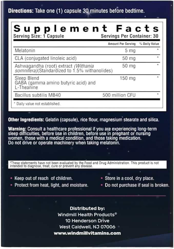 Sleep Soundly Snooze & Loose 5mg, with Melatonin and CLA, Supports Metabolism, Probiotics and Ashwagandha, 30 Capsules