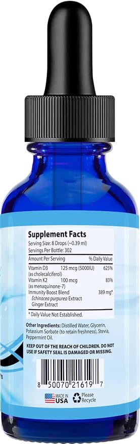 Absonutrix Vitamin D3 K2 Drops, 390mg, 4 Oz Liquid, 302 Servings, Made in USA, Quick Absorption, Quality Potent Ingredients, Non-GMO, GMP Certified, Cruelty-Free Products, (Immuni-D3)