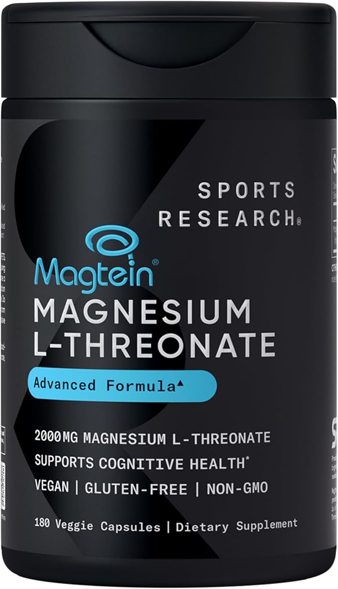 Sports Research® Magnesium L-Threonate Capsules 2000mg - High-Absorption Magtein® for Enhanced Brain Health, Memory, Focus & Restful Sleep Support - Vegan · Non-GMO · Gluten Free - 180 Count