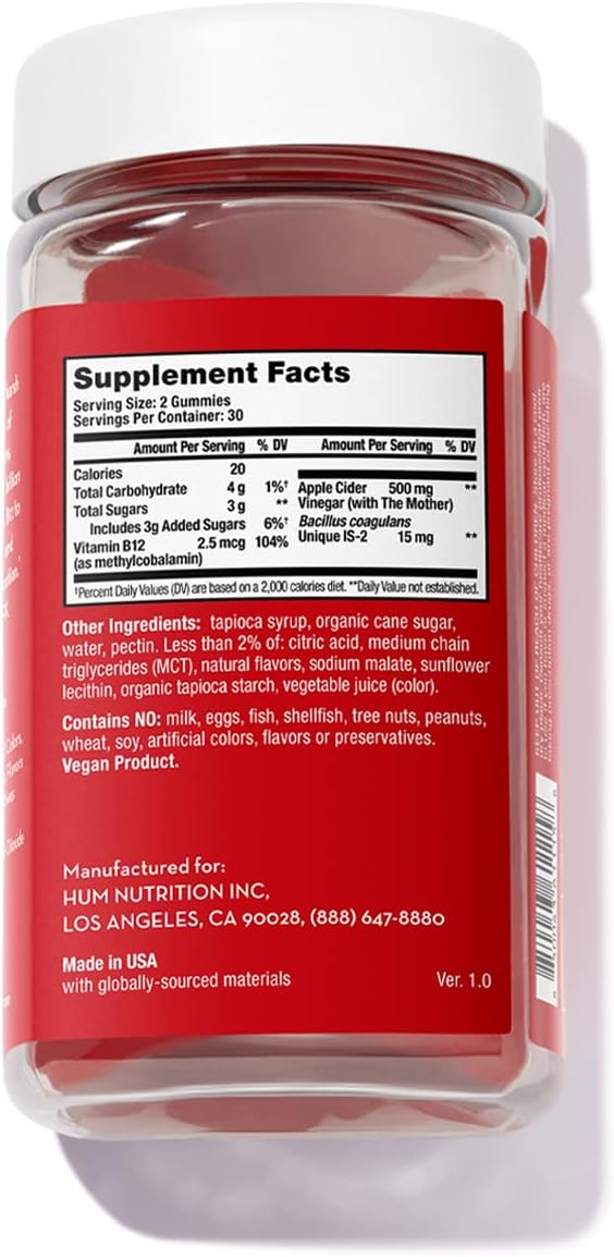 HUM Pro Apple Cider Vinegar Gummies with Probiotics for Digestive Health & Gut Health,100% Organic Apple Cider Vinegar with Mother Gummy Vitamins, Vitamin B12 for Energy Support, 60 ACV Gummies