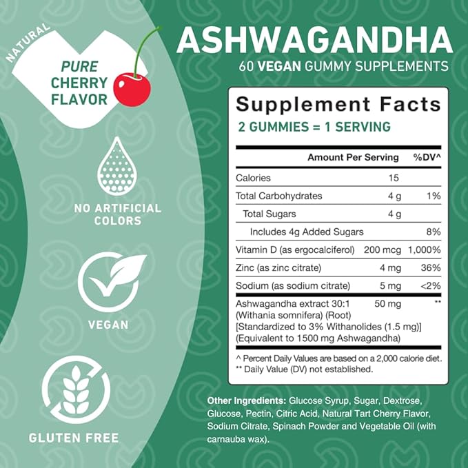 PUREFINITY Ashwagandha Gummies with Vitamin D & Zinc – Supplement for Relaxation, Calming, and Mood Support – Gluten Free, Non-GMO, Vegan, 60 Count