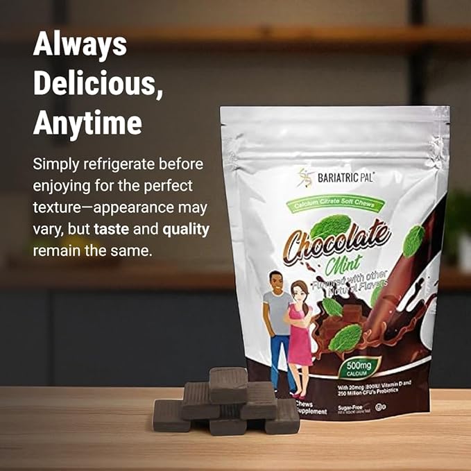 BariatricPal Sugar-Free Calcium Citrate Soft Chews | 500mg with Vitamin D & Probiotics | Chocolate Mint | 90 Count (1 Month Supply)