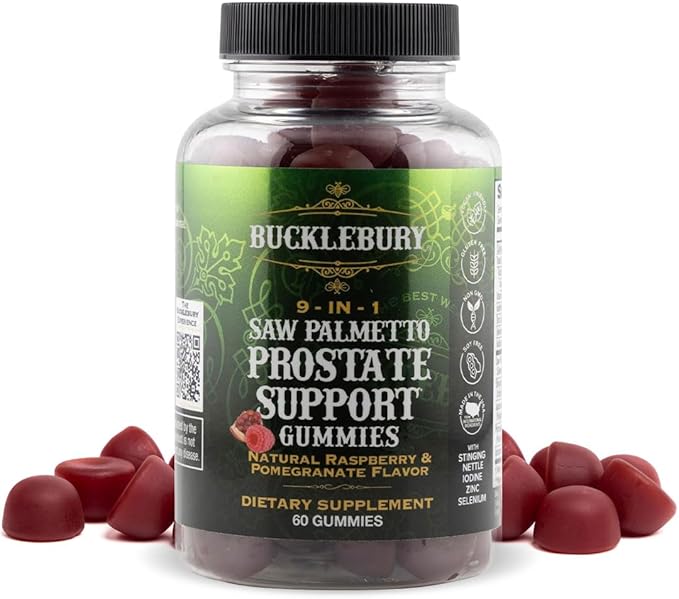 BUCKLEBURY 9-in-1 Natural Saw Palmetto Gummies with Raspberry & Pomegranate Flavor - Plant-Based Prostate Support Supplements for Mens Bladder Health, Hair Growth & Urinary Support - 60 Gummies