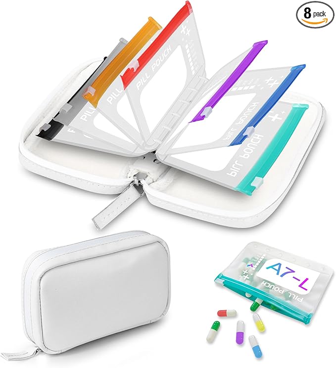 Timueetech A7 Waterproof Pill Organizer with 7 PCS L Size Zippered Pill Pouches for A7 Binder, Large BPA-Free Weekly Medicine Organizer, Color-Coded Reusable Travel Pill Storage System
