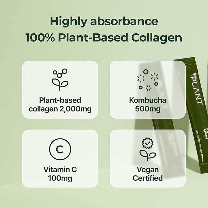 PLANT Vegan Collagen Peptide, Kombucha Powder, Probioitics, Vitamin C | 2000mg Tripeptide Vegetarian Collagen Booster, Dragonfruit Lime |15 Packets, Gut & Skin Health Anti-Aging Hydration Drink Mix