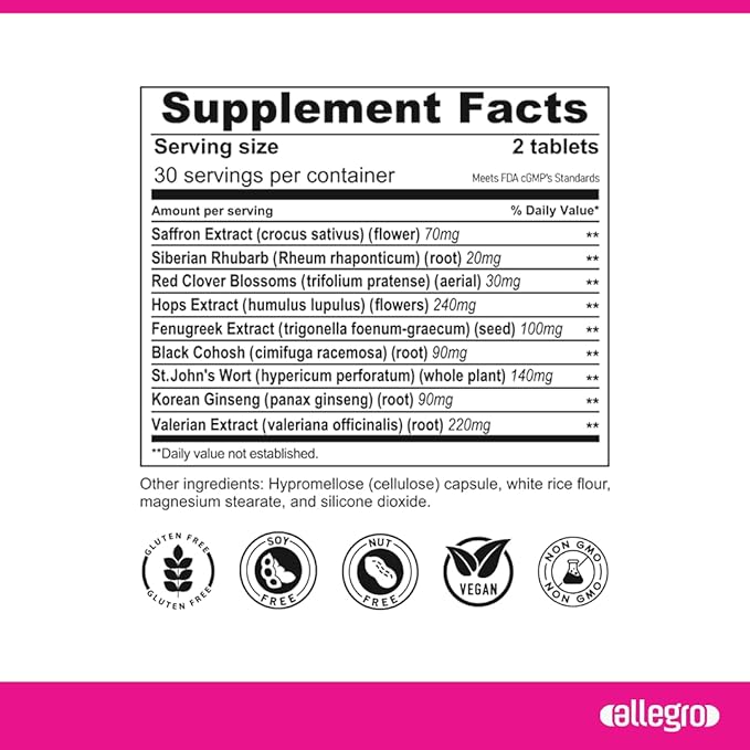Allegro Menopause Relief Supplement, 60 Capsules, with Saffron, Black Cohosh, Valerian Extract, St. John's Wort, Korean Ginseng
