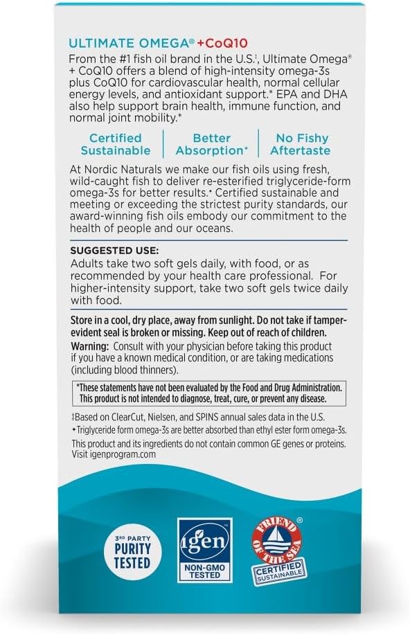 Nordic Naturals Ultimate Omega + CoQ10, Lemon - 90 Soft Gels - 1280 mg Omega-3 + 100 mg CoQ10 - Heart Health, Cellular Energy, Antioxidant Support - Non-GMO - 45 Servings