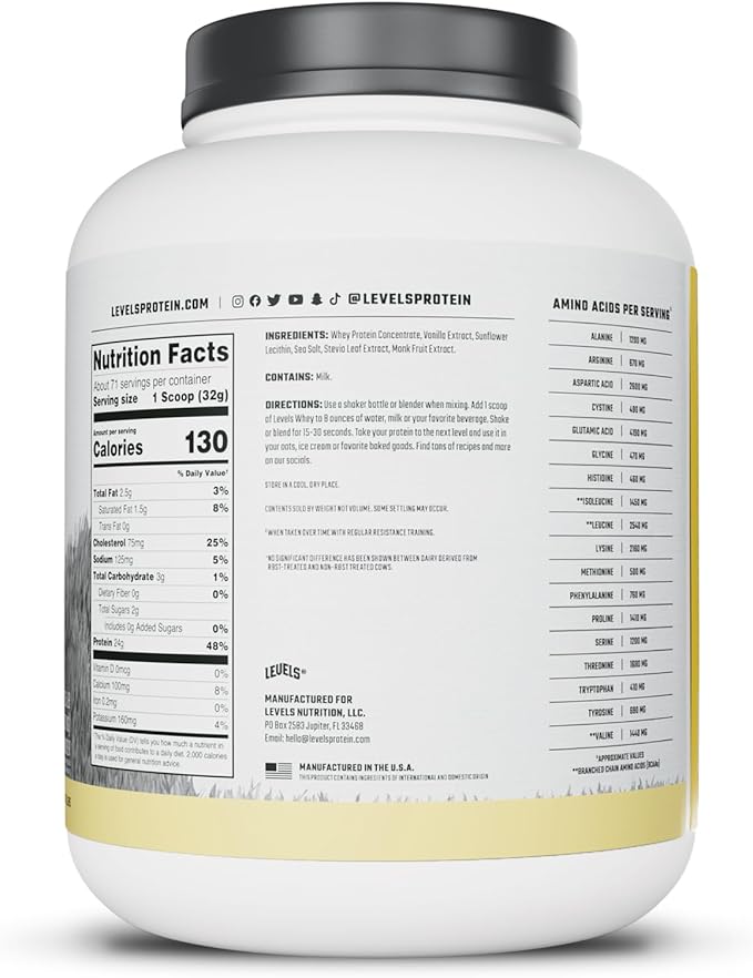 Levels Grass Fed Whey Protein Powder, No Artificials, 24G of Protein, Vanilla Bean, 5LB