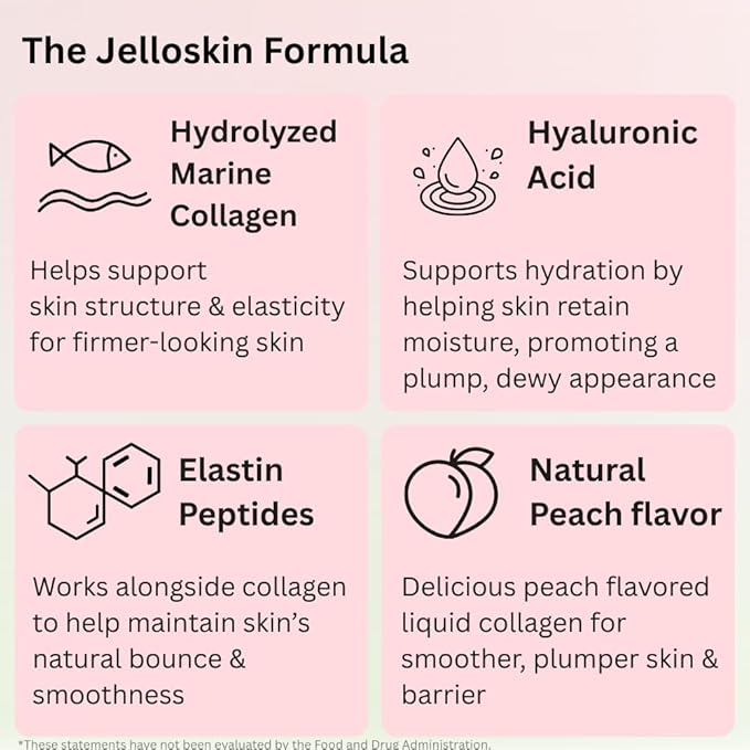byAVA Jelloskin Skin Barrier Collagen Booster- Liquid Marine Collagen + Hyaluronic Acid + Elastin Peptides Supplements - Hair Skin and Nails | Hydrolyzed Fish Collagen for Women |Peach Flavor