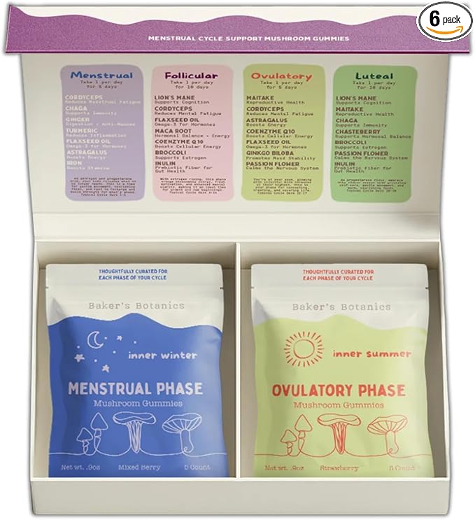 Period ovulatory & PMS Support Supplement for Women – Hormone Balance + 4-Phase Menstrual Cycle Kit | Vegan Functional Mushroom Gummies by Baker’s Botanics (Pack of 6)(30 Gummies)