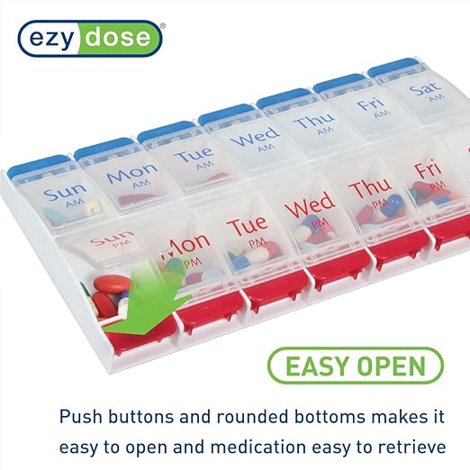 EZY DOSE Push Button (7-Day) Pill Case, Medicine Planner, Daily Vitamin Organizer, 2 Times a Day AM/PM, Large Compartments, Arthritis Friendly, Easy to Use, Clear Lids, Red/Blue, BPA Free