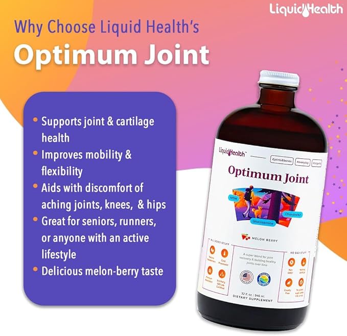 LIQUIDHEALTH Optimum Joint Support Liquid Multivitamin with Glucosamine, Chondroitin, MSM, Hyaluronic Acid - Increase Mobility, Joint Comfort, for Runners & Athletes - Made in USA, Vegan (2 Pack)