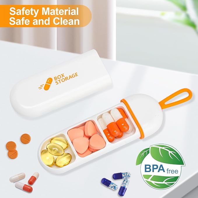 Toplive Travel Pill Organizer, Portable Pill Container Mini Daily Pill Organizer, Small Pill Case Travel Medicine Organizer Pocket Vitamin Supplement Fish Oil Box, White Orange