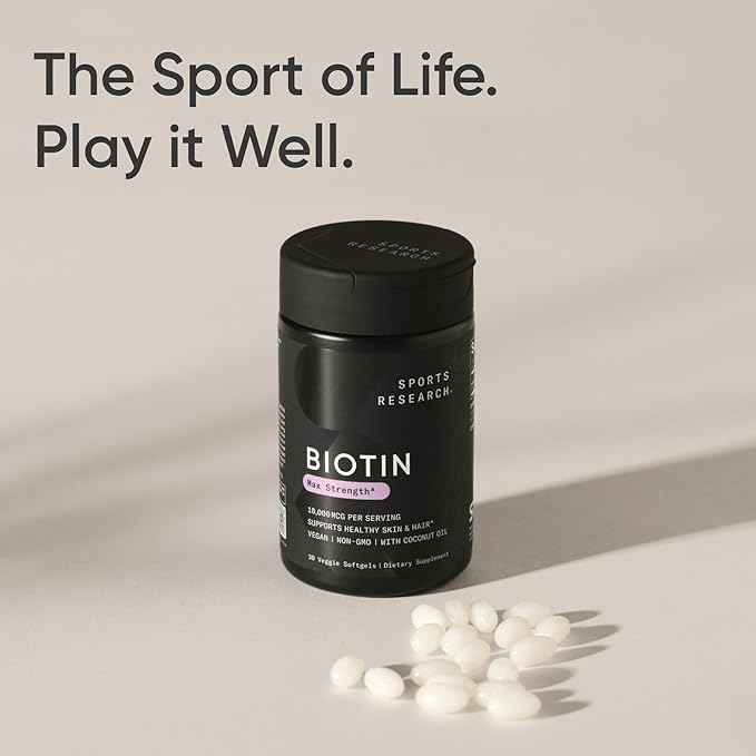 Sports Research® Biotin 10,000mcg with Organic Coconut Oil - Biotin (Vitamin B7) for Healthy Skin and Hair Support* - for Women and Men - Vegan, Non-GMO, Gluten & Soy-Free - 30 Veggie Softgels
