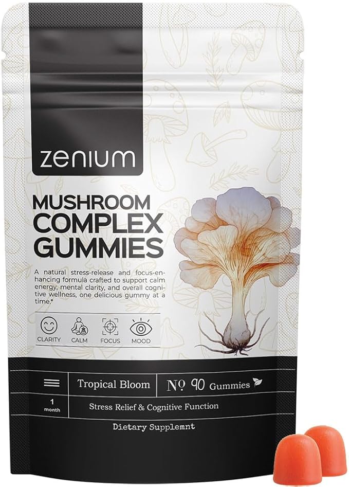 Zenium - Mushroom Complex 90 Gummies of 5000mgs of Lions Mane, 1000mgs of Reishi, Cordeyceps & More | Relieve, Tension, Worry & Irritability | Calm Mind & Body | Ayurvedic | Natural Relief Supplement