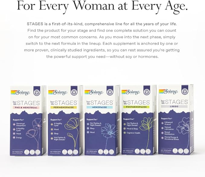 SOLARAY Menopause her Life Stages - Menopause Supplements for Women - Supports Mood, Sleep, Hot Flashes, Night Sweats - Vegan, Gluten Free - 60-Day Guarantee - 30 Servings, 60 VegCaps