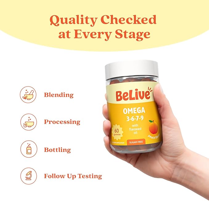 BeLive Organic Omega 3 Gummies - 60 Ct I Vegan Omegas 3 6 7 & 9 from Flaxseed Oil & Sea Buckthorn Fruit Oil, for Kids & Adults, Full Body, Brain & Eye Support, Sugar Free – Peach Flavor