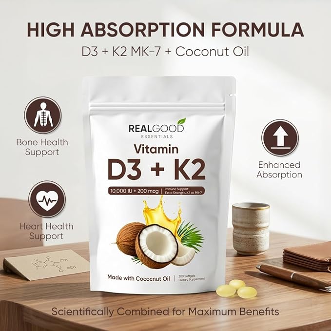 Real Good Essentials Vitamin D3K2 – 300 Softgels,High Absorption Softgels for Bone, Heart & Immune Support – Virgin Coconut Oil, Easy to Swallow