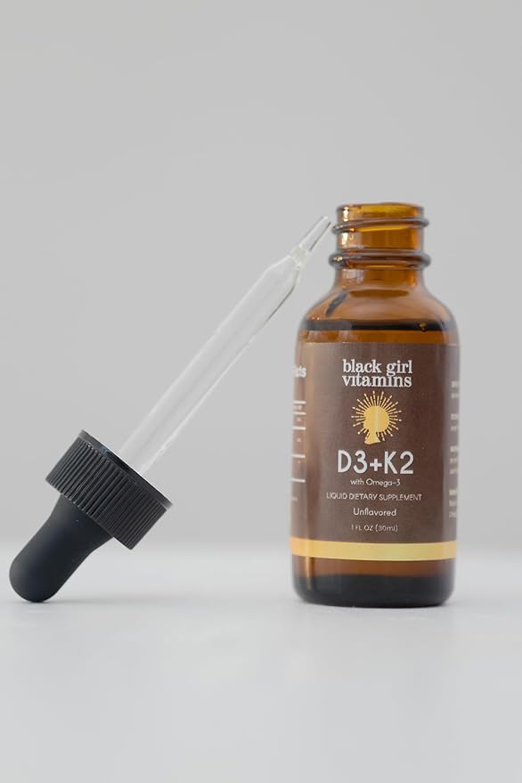 Black Girl Vitamins Vitamin D3 K2 Drops (125mcg Each) with Omega 3 – Liquid D3 K2 (MK7) Daily Supplement, Concentrated Unflavored Drops, Vegan (30-Day Supply)