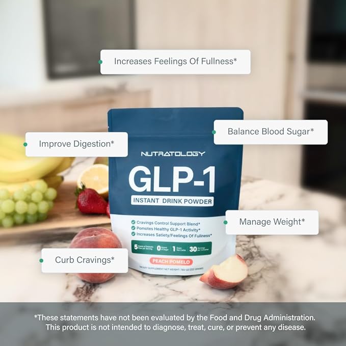 GLP-1 Booster | Control Cravings, Appetite Support & Gut Health | High In Fiber & Sugar-Free Drink Mix | GLP1 Supplements Weight Loss Women & Men | Peach Pomelo Flavor | Made In USA | 30 Servings