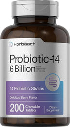 Horbäach Probiotics 6 Billion CFUs | 200 Chewable Tablets | Berry Flavor | 14 Probiotic Strains | Vegetarian, Non-GMO & Gluten Free Supplement for Men & Women