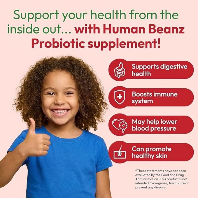 Human Beanz Probiotic Jelly Bean Gummies for Kids, Probiotic Supplements for Digestive Health, Nutritional Vegetarian Supplements, 120 Strawberry Blast Jelly Beans, Kosher