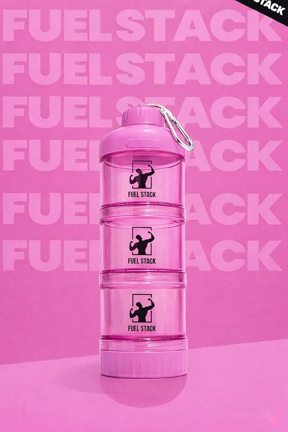 FuelStack Portable Protein Powder Container – Stackable Supplement Storage with Pill Organizer for Gym & Travel (Pink)