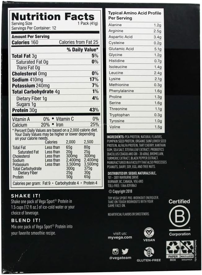 Vega Protein + Recovery - 30g Plant-Based Protein per Serving, Vanilla, 12 x 1.6oz Sachets, 5g BCAAs, Probiotics, NSF Certified, for Shakes & Smoothies, (Packaging May Vary)