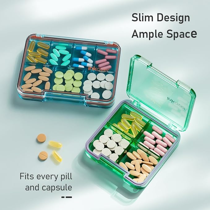 Small Pill Organizer, Waterproof & Portable Pill Case for Daily Travel - Adjustable 7 Compartments Compact Medicine Holder for Vitamins, Pills, Perfect for Purse or Pocket (Green)