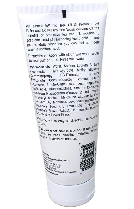 vH essentials Intimate Feminine Wash, pH Balanced with Tea Tree Oil, Cranberry, Prebiotics Odor Eliminating Formula, 6 FL OZ - 3 Pack