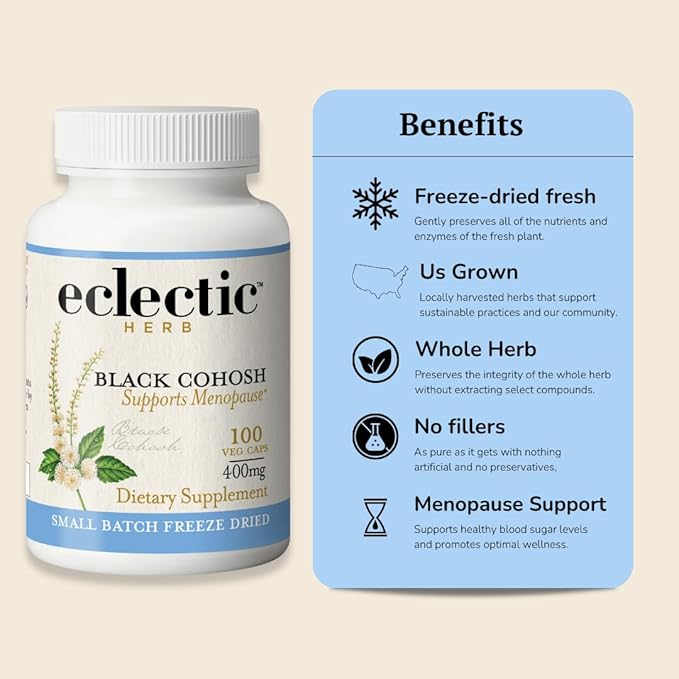 Eclectic Herb - Black Cohosh Root Capsules | Menopause Support Herbal Supplement | Supports Women's Health | US-Grown, Vegan, Non-GMO, Gluten Free (100 CT | 400 mg)