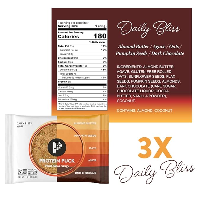 Protein Puck Vegan Plant based Protein Bar – Natural Healthy Snack Bars, 12 Count, 1.34oz Mini, Gluten Free, Dairy Free, No GMO, Kosher – Variety pack - Dark Chocolate, Peanut Butter, Sport Nutrition