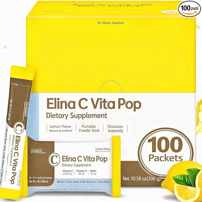 DONGKOOK Vita Pop 2,000mg Vitamin C Vitamin D & Biotin Powder Per Stick, Sugar Free Korean Vitamin C Supplements Multivitamin Advanced Immune Support for Woman Skin Hair, Lemon Powder Drink 100 Packet