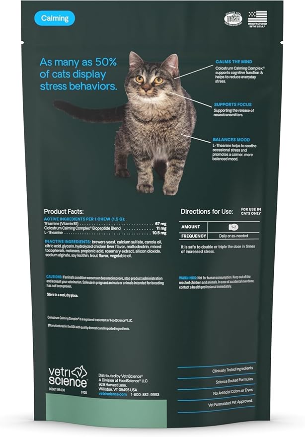 VetriScience Composure Calming Chews for Cats – Supports Relaxation & Balanced Behavior During Travel & Vet Visits, Daily Stress & Anxiety Support Supplement Chicken and Trout Flavor, 30 Count
