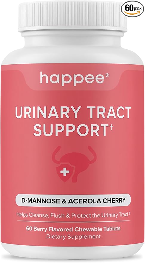 Happee Urinary Tract Health Supplement for Women & Men – Fast-Acting UTI Relief and Prevention, 500mg D-Mannose & Antioxidants, Supports Kidney and Bladder Health, Berry Flavor, 60 Chewables