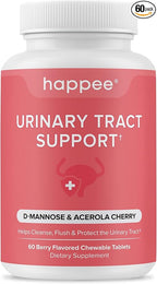 Happee Urinary Tract Health Supplement for Women & Men – Fast-Acting UTI Relief and Prevention, 500mg D-Mannose & Antioxidants, Supports Kidney and Bladder Health, Berry Flavor, 60 Chewables