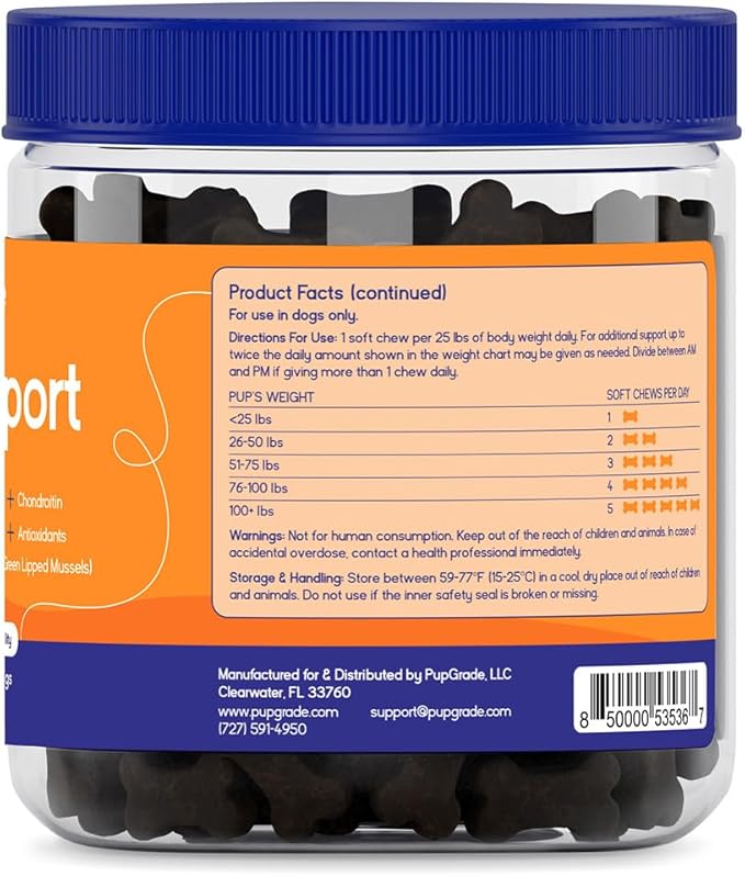 PupGrade Joint Support Supplement for Dogs - Glucosamine + Chondroitin with MSM and Perna - Supports Normal Hip & Joint Health for Occasional Discomfort, Peanut Butter Flavor - 60 Soft Chews