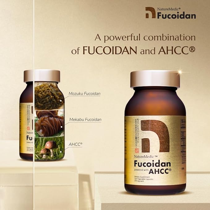 Fucoidan Powered with AHCC® Brown Seaweed Immunity Supplement with High Purity Mekabu Mozuku Agaricus 10 Bottles + Free 1 Bottle - 1760 Vegetable Capsules