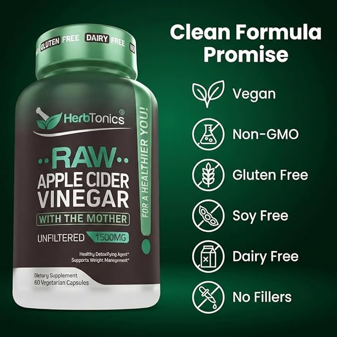 Herbtonics Raw Apple Cider Vinegar Capsules 1500mg with The Mother | Unfiltered ACV Pills for Bloating Relief, Digestion, Metabolism & Weight Support | 60 Vegan Capsules (1 Month Supply)