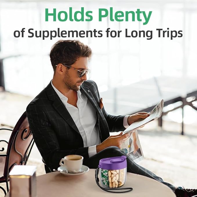 PULIV Portable Pill Dispenser Bottle, Vitamin Organizer with 7 Compartments, Holds Plenty of Supplements with Anti-Mixing & Wide Openings Design, Easy to Retrieve Meds, Includes 20 Labels Dark Purple