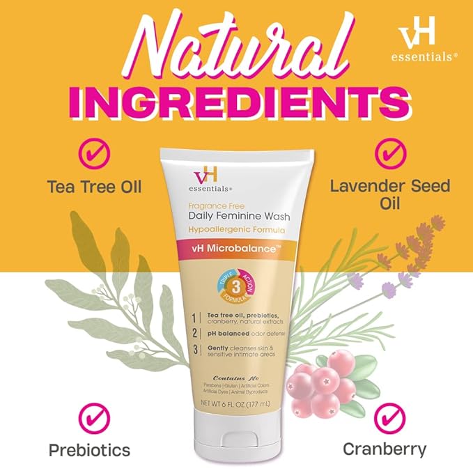 vH essentials Daily Feminine Wash - Fragrance Free, Hypoallergenic with Tea Tree Oil & Prebiotic - For Ph Balance, Intimate Odor Block, Vaginal Health - Gentle Formula Body Care - 6 Fl Oz (Pack of 2)