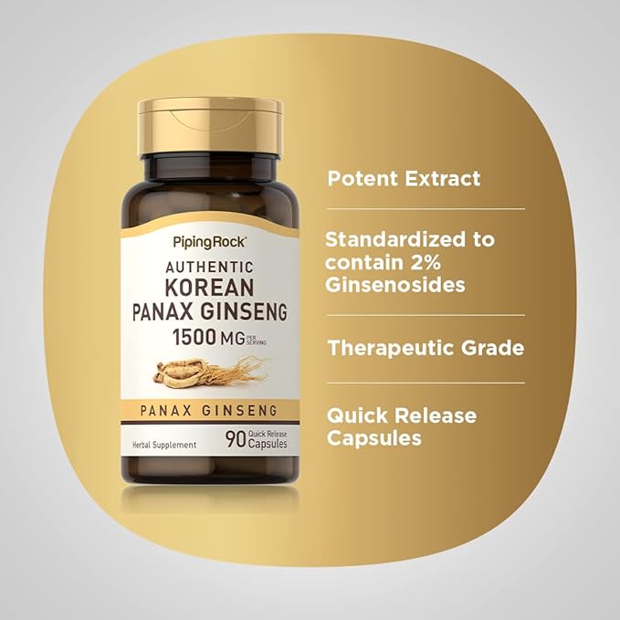 Piping Rock Korean Ginseng Capsules | 1500mg | 90 Count | Panax Ginseng Root Extract | Herbal Supplement | Non-GMO, Gluten Free
