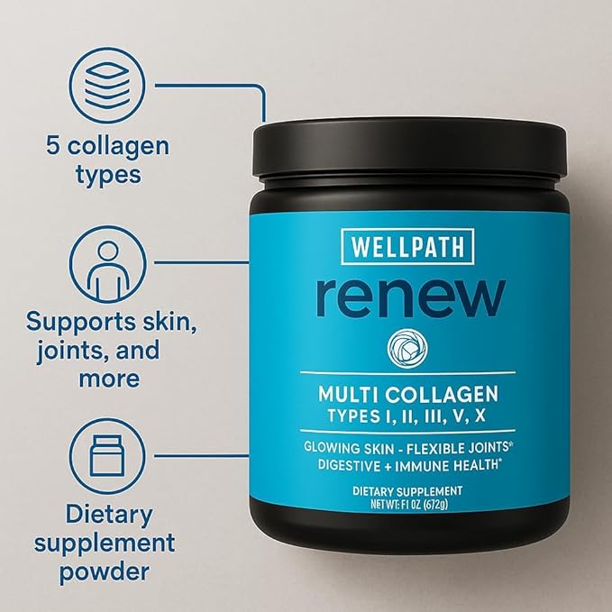 WellPath Multi Collagen Peptides Powder for Women | Renew Multi Collagen Protein for Hair, Nails, Skin | Hydrolyzed Bovine, Marine, & Chicken Sources | Types I, II, III, V, X | 11 oz | 40 Servings