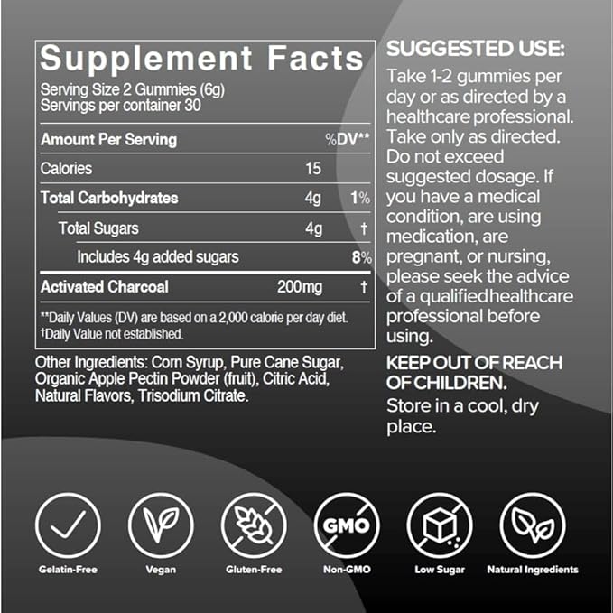 Gumi Nutrition Coconut Activated Charcoal Gummies - Charcoal Supplements for Detox, Oral Health & Gut Health - 200mg Gummy Vitamin - Gluten Free, Vegan & Non GMO - Natural Açaí Flavor (60 Count)