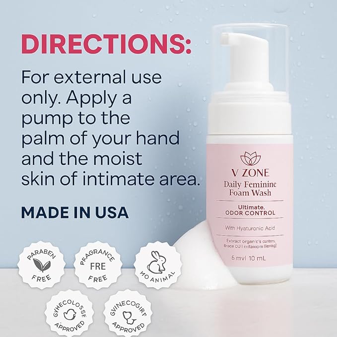 VZone Daily Feminine Foam Wash – Feminine Wash for Women with Hyaluronic Acid, Lactic Acid and Cranberry Extract – Odor Control, pH Balanced, Fragrance-Free, Paraben-Free, Vegan (3.4 OZ)