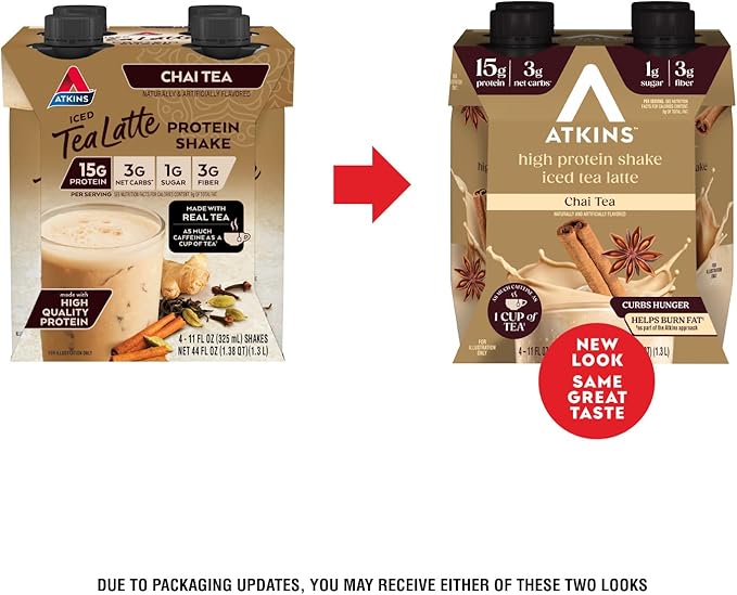 Atkins Chai Tea Latte Flavored Protein Shake, High Protein Shake, Low Glycemic, Low Carb, Low Sugar, Keto Friendly, Gluten Free, Ready to Drink Protein Shake, 12 count (3 sets of 4)