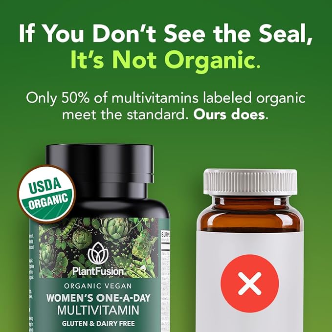 PlantFusion Organic Multivitamin for Women with Iron, One Daily Vegan Multivitamin with Plant Based B12, D3 & Whole Food Blend for Energy & Immune Support - 60 Tablets (2 Month Supply)
